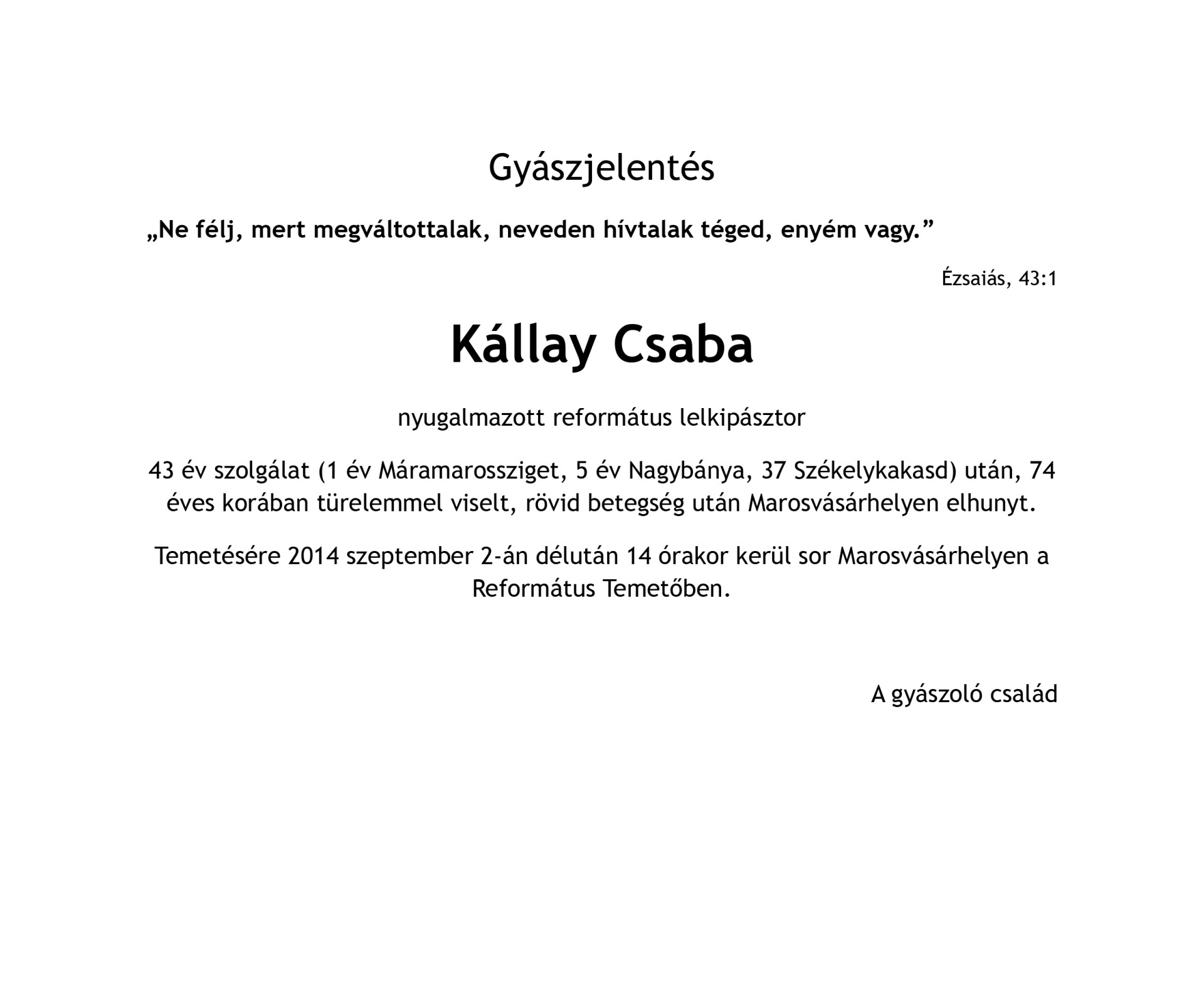 Gyászjelentés - Kállay Csaba nyugalmazott lelkipásztor
