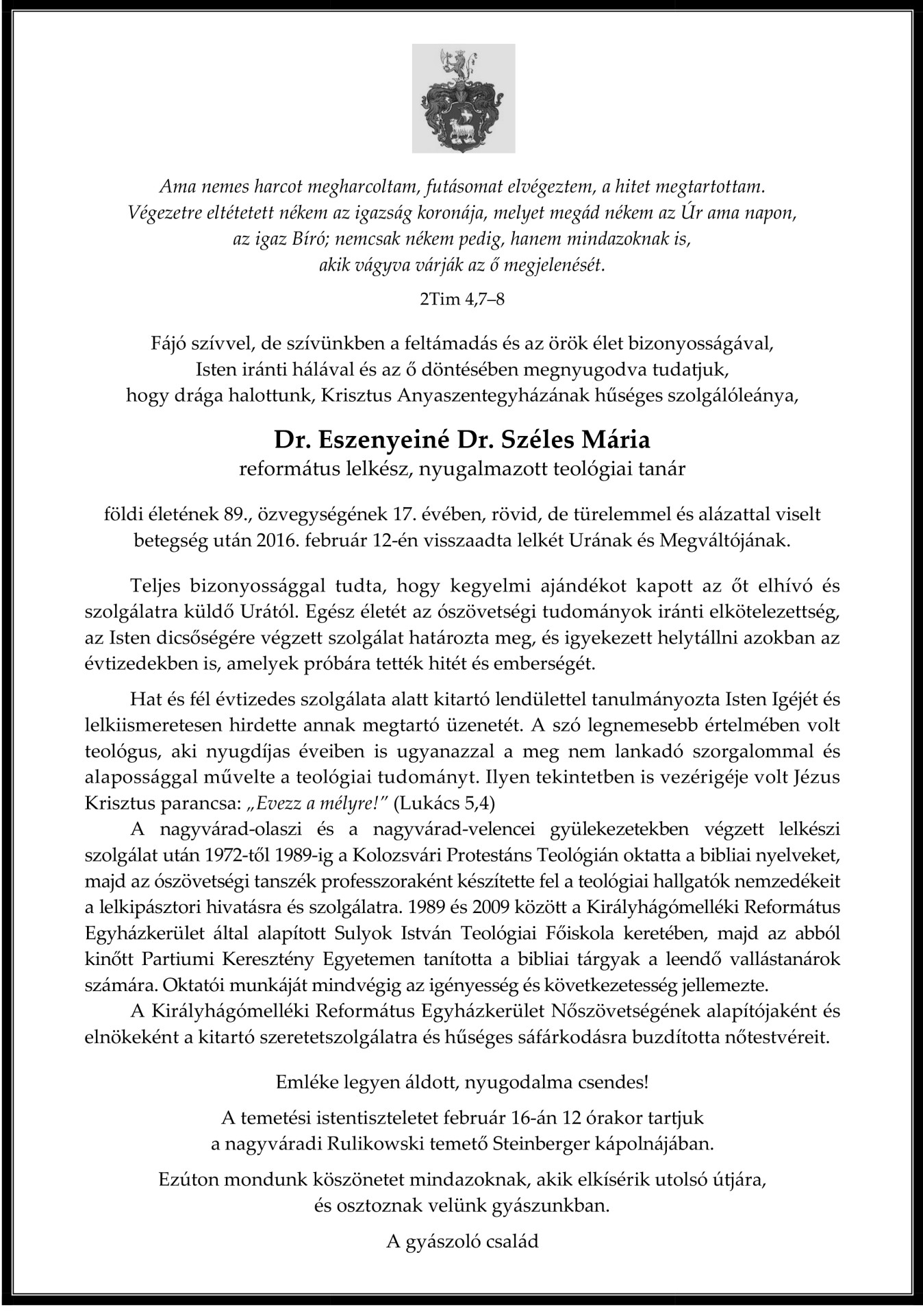 Gyászjelentés - Dr. Eszenyeiné Dr. Széles Mária 