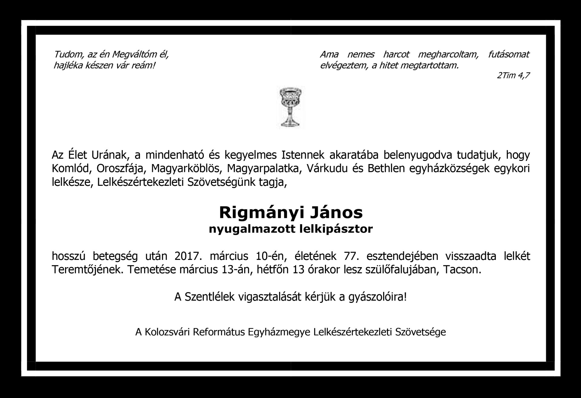 Gyászjelentés - Rigmányi János