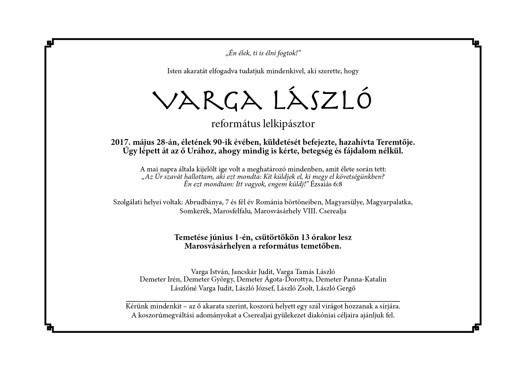 Gyászjelentés – Varga László