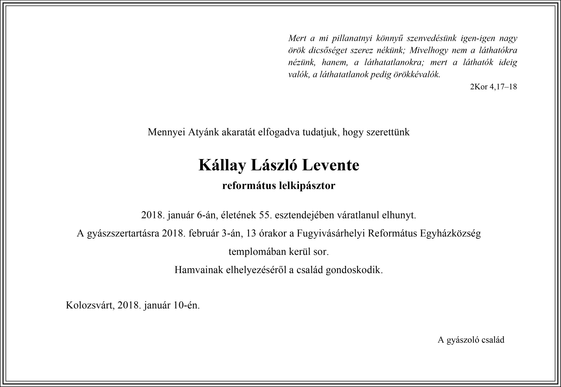 Gyászjelentés - Kállay László Levente
