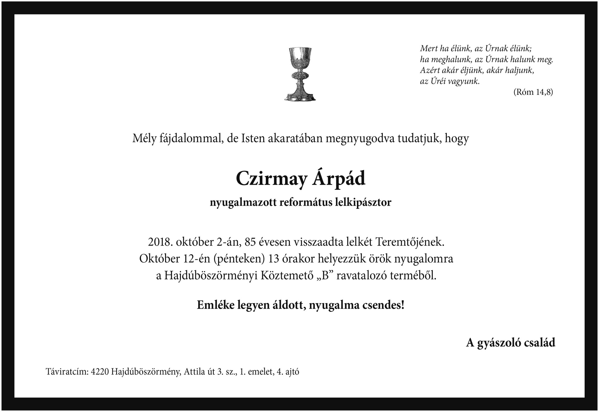 Gyászjelentés - Czirmay Árpád