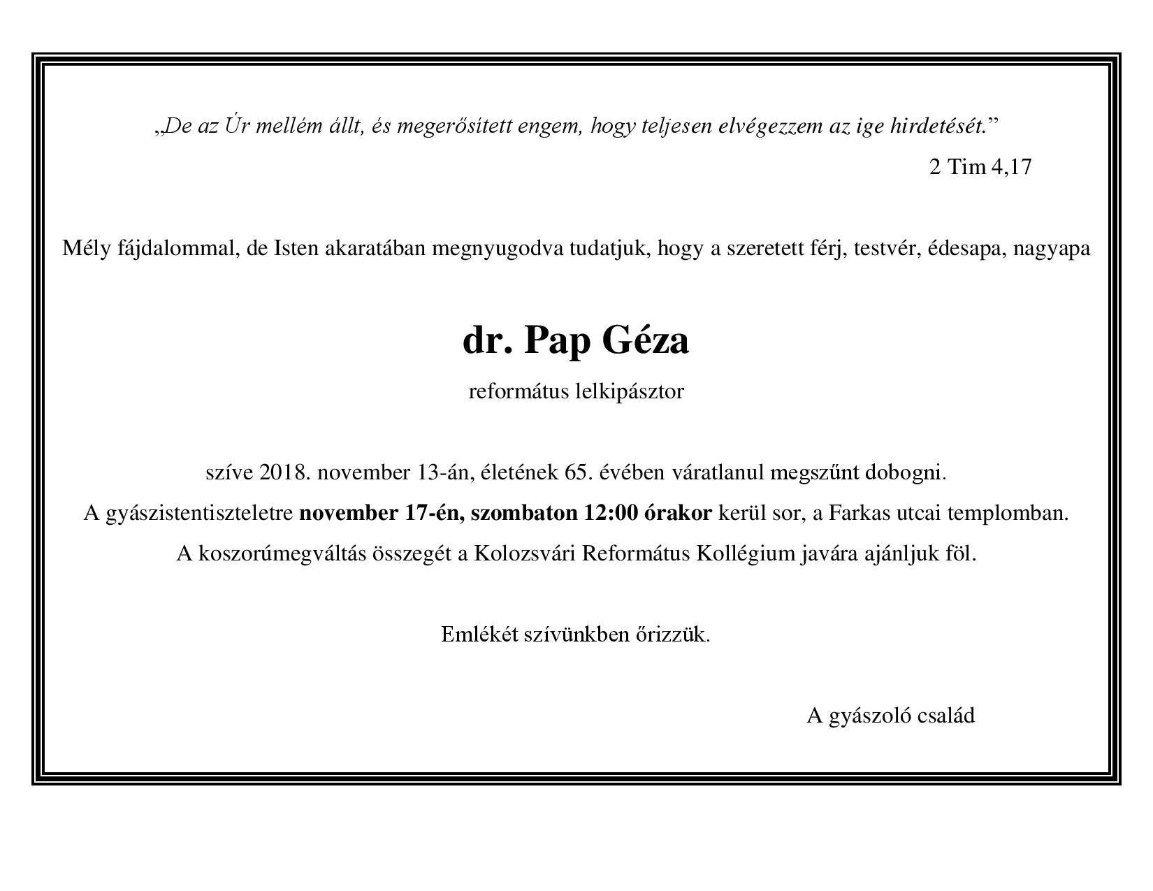 Gyászjelentő - dr. Pap Géza